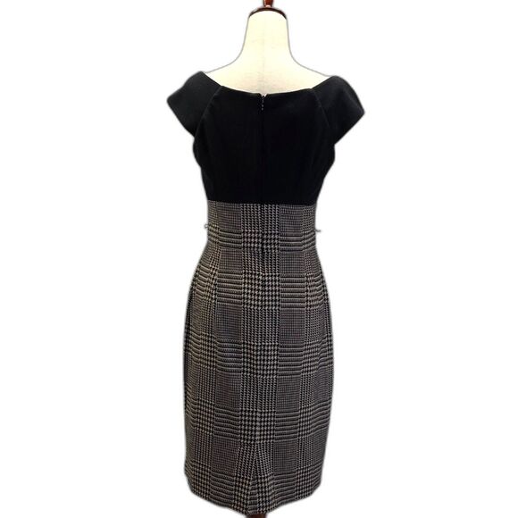 London Times Black and Grey Houndstooth Plaid Cap Sleeve Midi Dress Size 8 - Picture 7 of 13